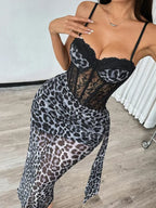 Curvalu Fitted Lace Trimmed Leopard Print Dress