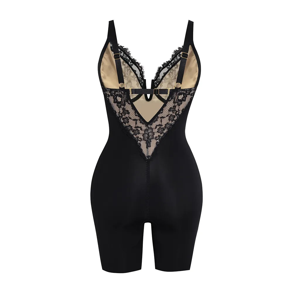 Curvalu Elegance Lace Shapewear Bodysuit Deep V Neck Mid-Thigh