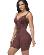 Curvalu Elegance Lace Shapewear Bodysuit Deep V Neck Mid-Thigh