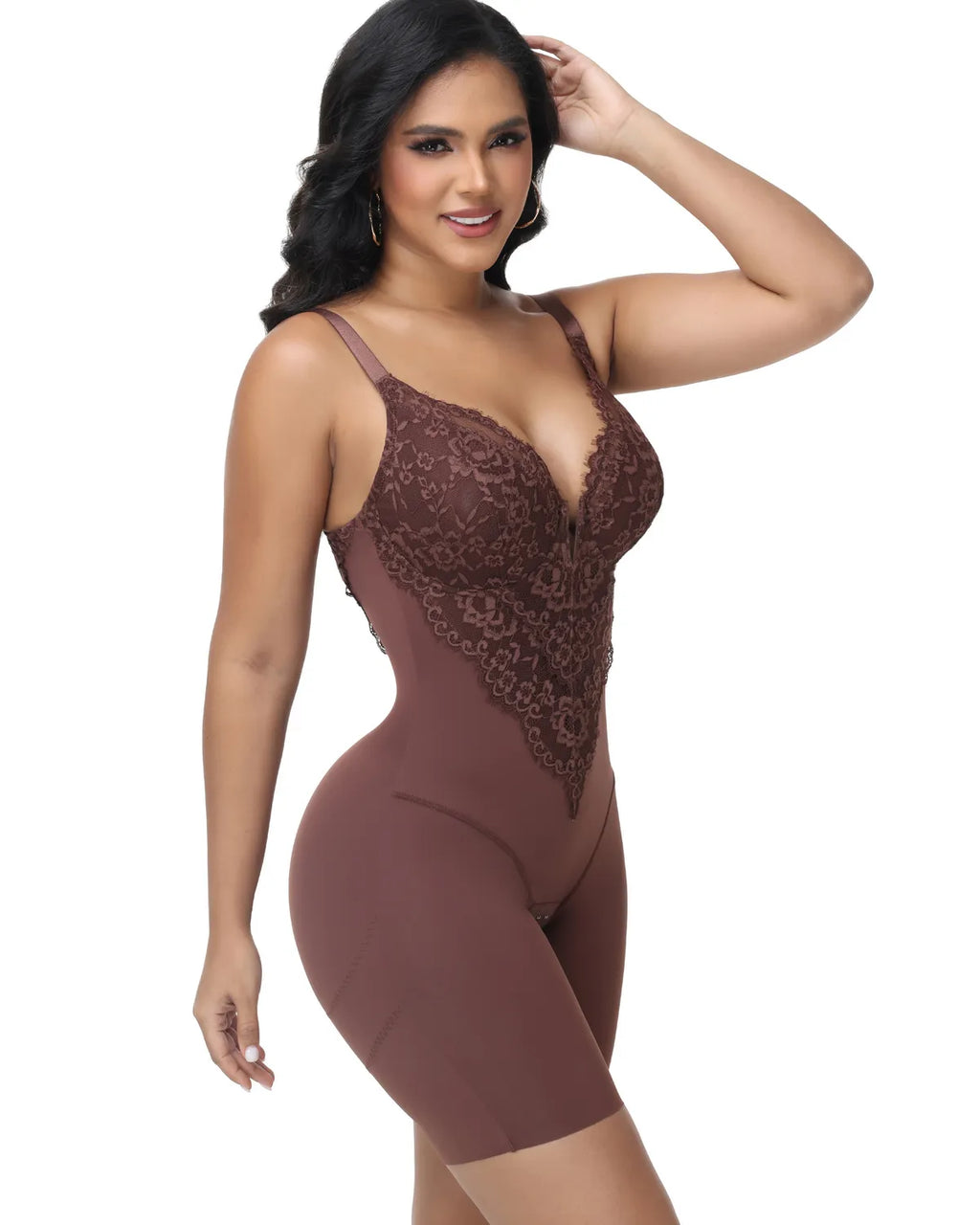 Curvalu Elegance Lace Shapewear Bodysuit Deep V Neck Mid-Thigh