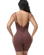 Curvalu Elegance Lace Shapewear Bodysuit Deep V Neck Mid-Thigh