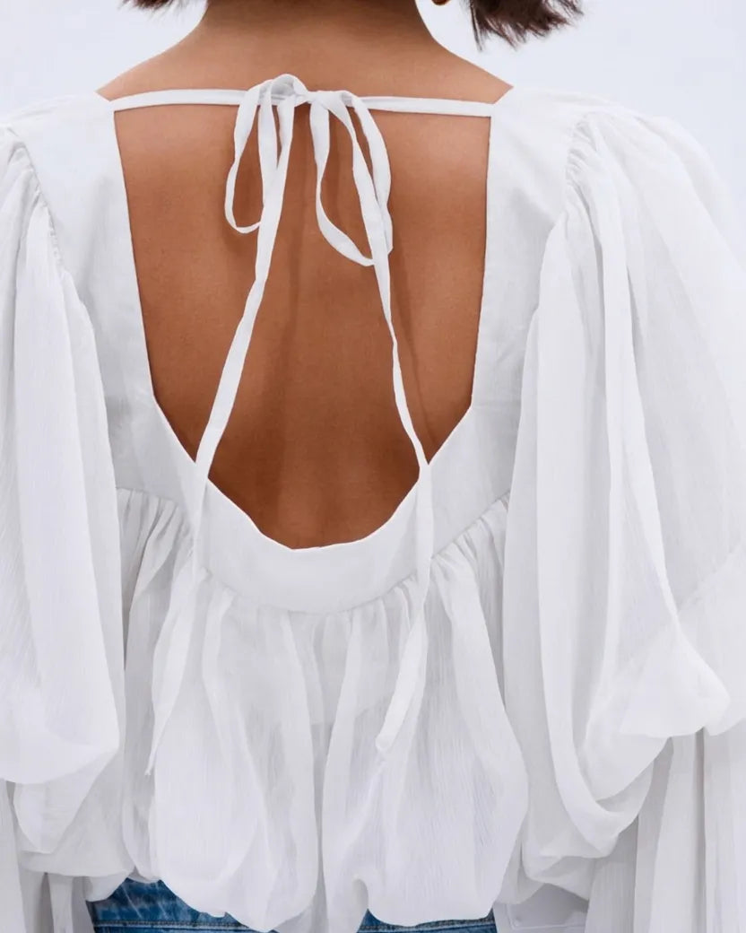 Curvalu Square Neck Chiffon Ruffled Puff Sleeve Bubble Crop Top