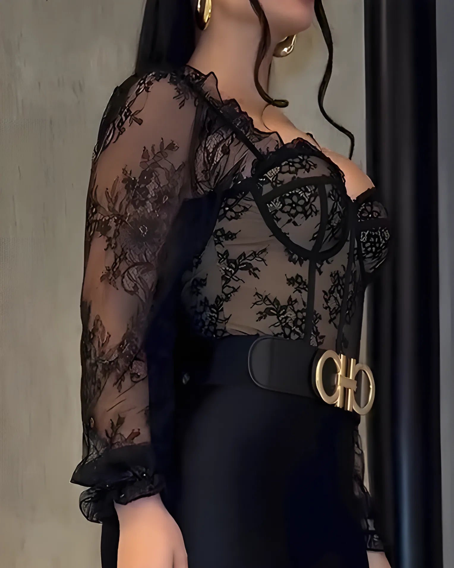 Curvalu Top Corsé Sexy de Manga Larga con Encaje Negro