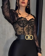 Curvalu Top Corsé Sexy de Manga Larga con Encaje Negro