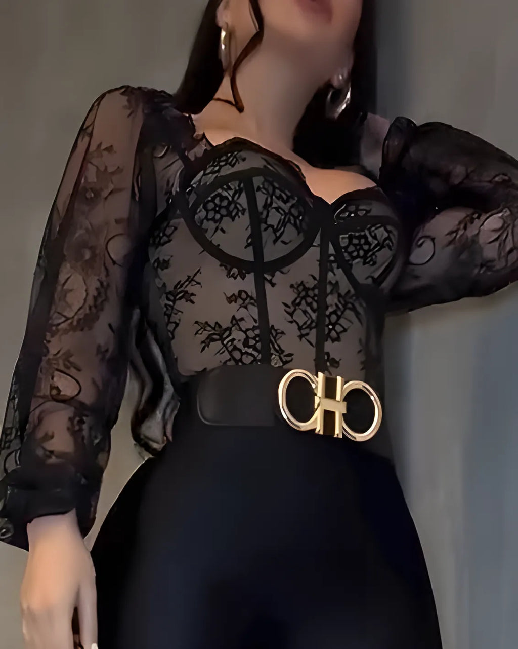 Curvalu Top Corsé Sexy de Manga Larga con Encaje Negro