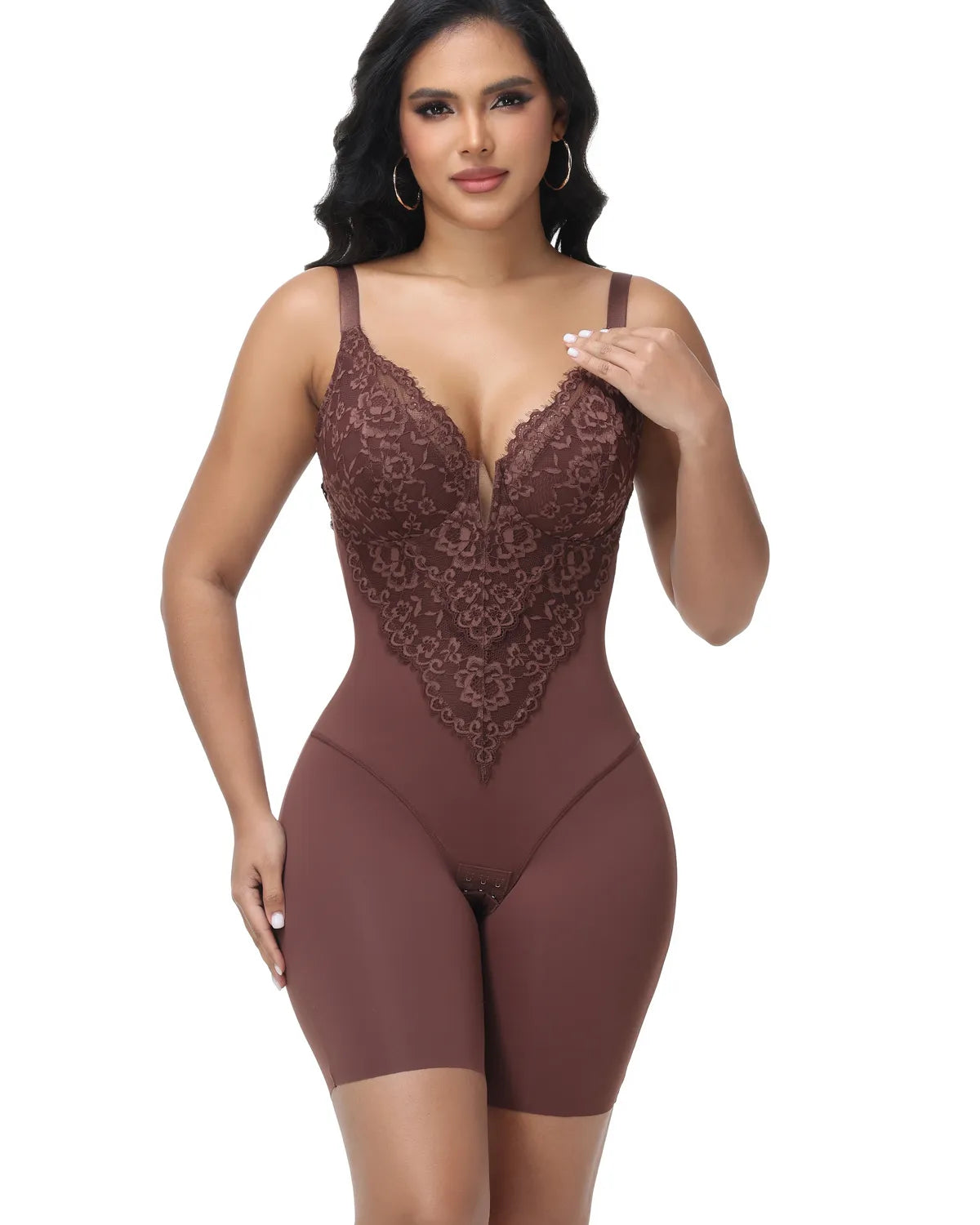 Curvalu Elegance Lace Shapewear Bodysuit Deep V Neck Mid-Thigh